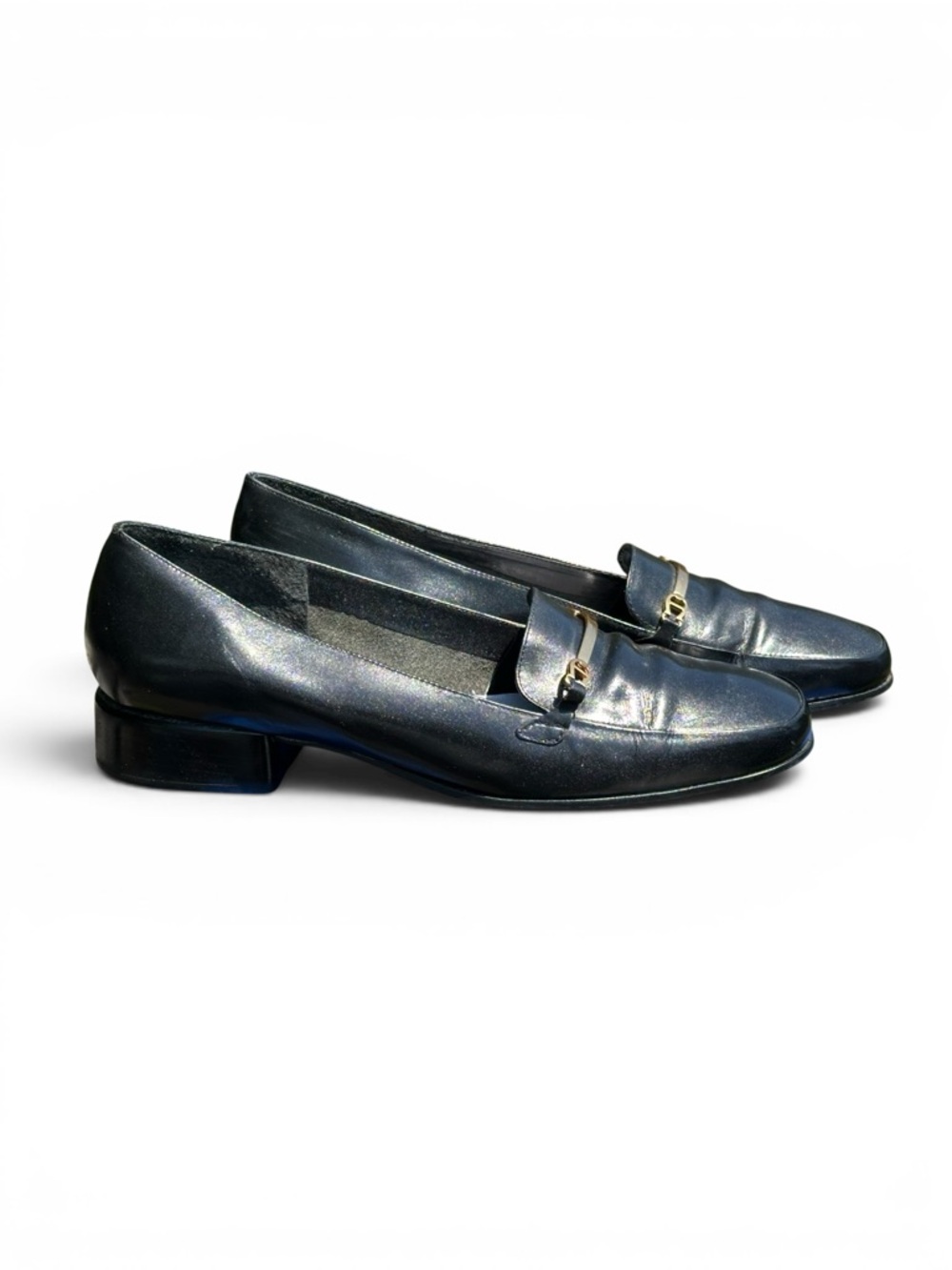 Vintage Aigner Women’s Black Loafers Gold Bar Carolyn Bassette Style Size 8 1/2